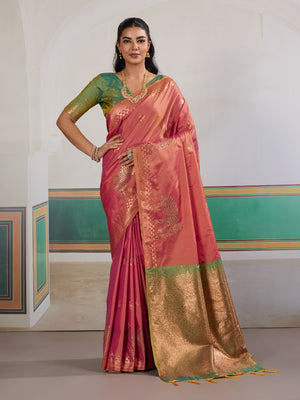 Pink Pure Silk Handloom Weaving Saree With Blouse Piece