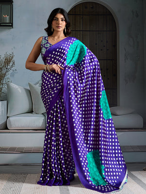 Blue Printed Ajarakh Satin Crepe Saree With Blouse Piece