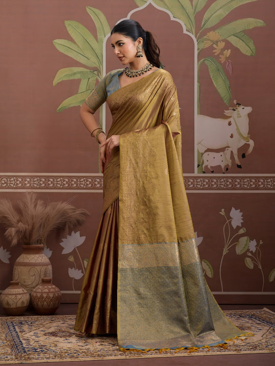 Dark-Grey Tussar Silk Handloom Weaving Saree With Blouse Piece