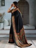 Black Printed Ajarakh Satin Crepe Saree With Blouse Piece
