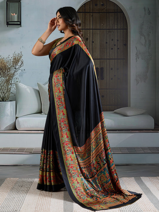 Black Printed Ajarakh Satin Crepe Saree With Blouse Piece