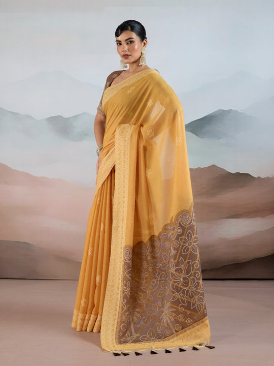 Gold Pure Viscose Cotton Handloom Weaving Saree With Blouse Piece