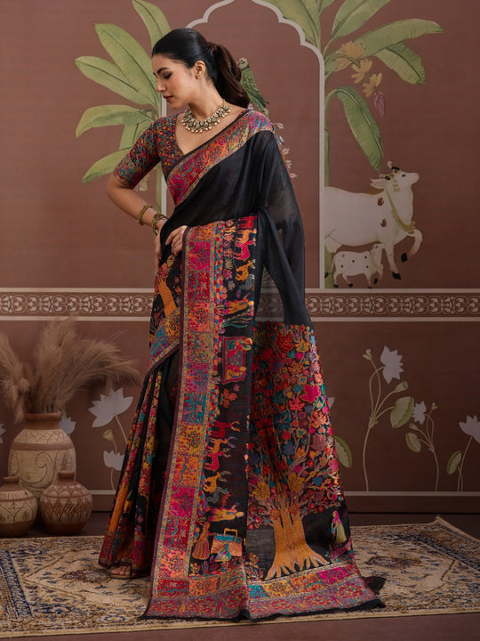Black Modal Cotton Pashmina Weaving Saree With Blouse Piece