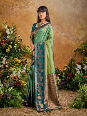 Green Pure Silk Handloom Weaving Saree With Blouse Piece