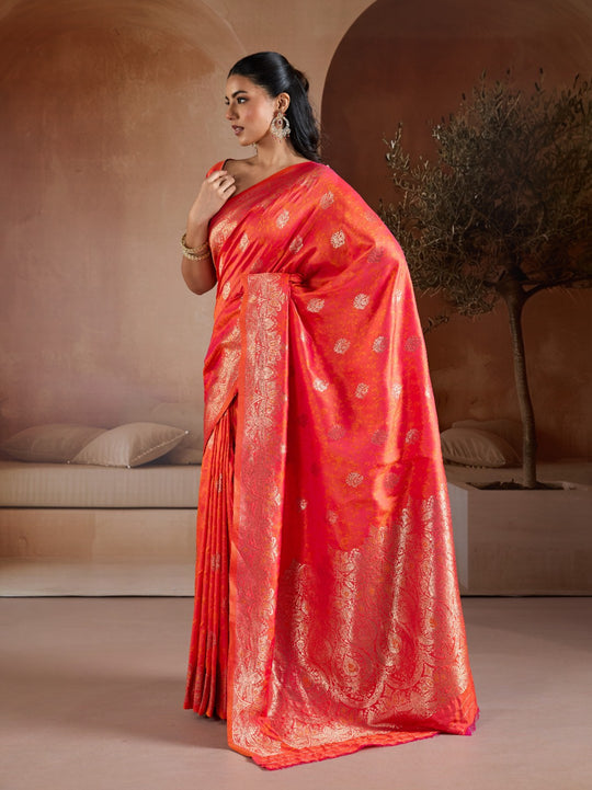 Orange Handloom Weaving Silk Saree With Blouse Piece