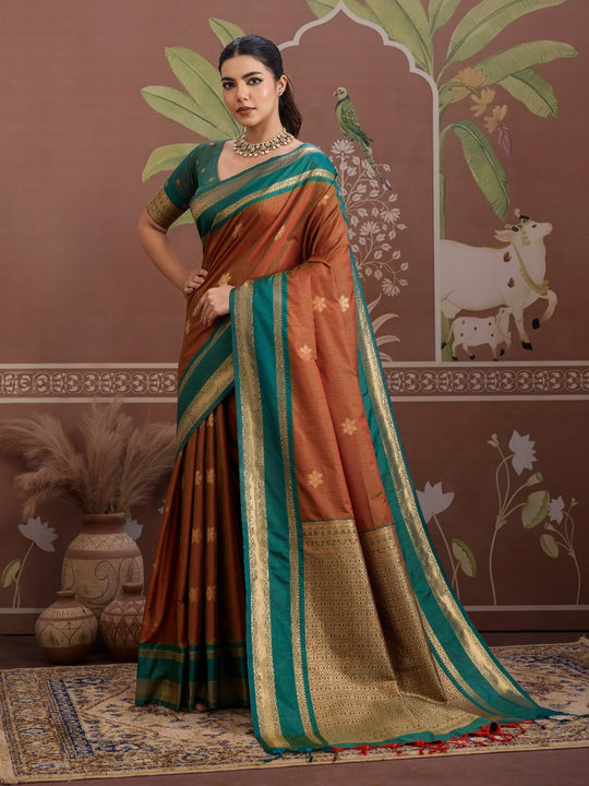 Orange Tussar Silk Handloom Weaving Saree With Blouse Piece