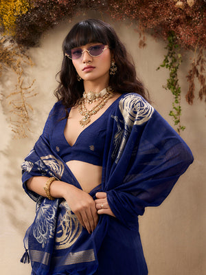 Blue Pure Munga Silk Handloom Weaving Saree With Blouse Piece