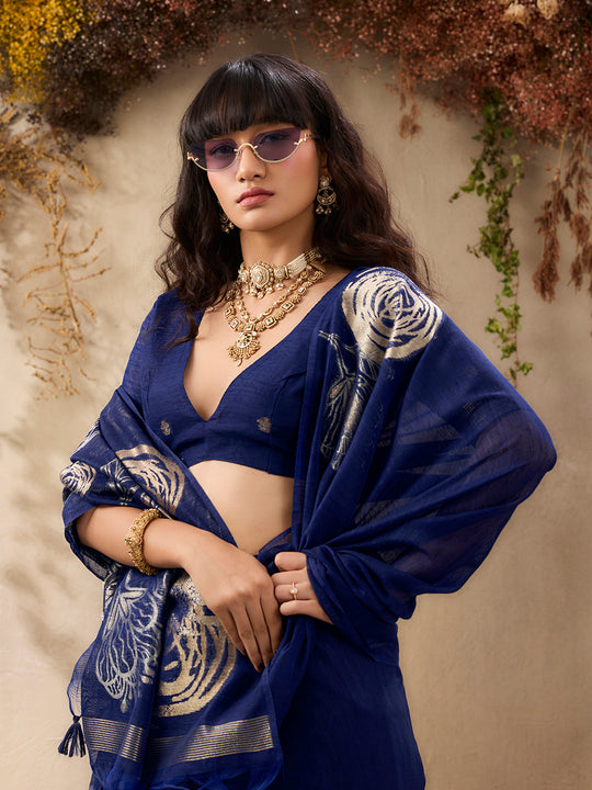 Blue Pure Munga Silk Handloom Weaving Saree With Blouse Piece