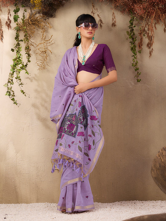 Purple Munga Cotton Handloom Weaving Saree With Blouse Piece