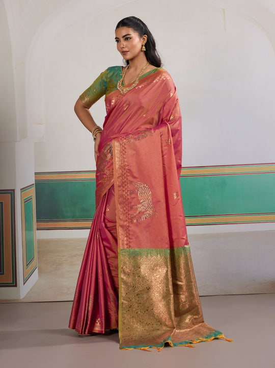 Pink Pure Silk Handloom Weaving Saree With Blouse Piece