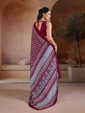 Maroon Printed Ajarakh Satin Crepe Saree With Blouse Piece