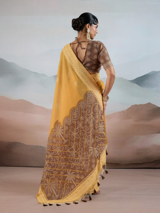 Gold Pure Viscose Cotton Handloom Weaving Saree With Blouse Piece