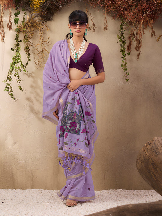 Purple Munga Cotton Handloom Weaving Saree With Blouse Piece