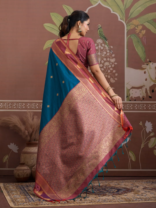 Rama Tussar Silk Handloom Weaving Saree With Blouse Piece