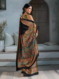 Black Printed Ajarakh Satin Crepe Saree With Blouse Piece