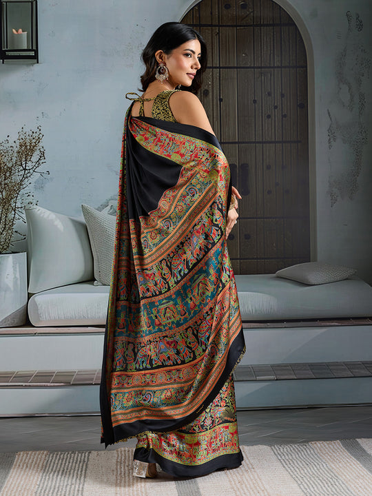 Black Printed Ajarakh Satin Crepe Saree With Blouse Piece