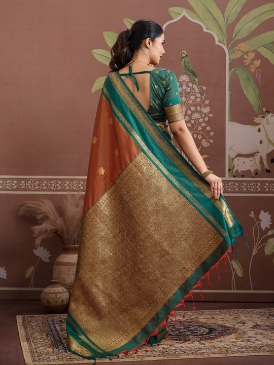 Orange Tussar Silk Handloom Weaving Saree With Blouse Piece