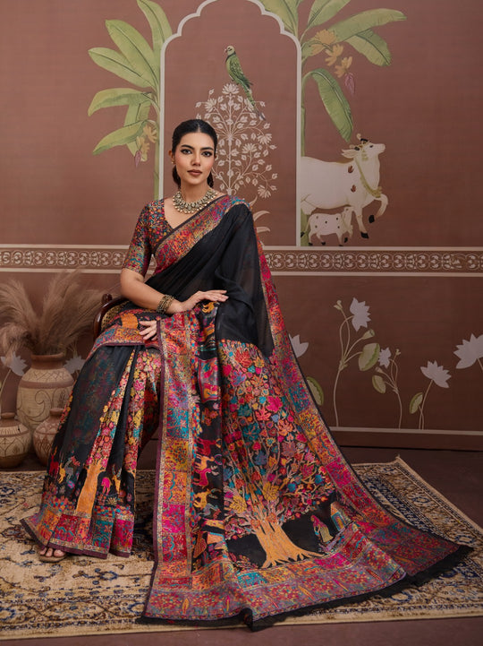 Black Modal Cotton Pashmina Weaving Saree With Blouse Piece