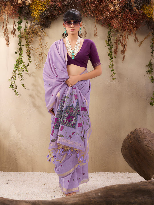 Purple Munga Cotton Handloom Weaving Saree With Blouse Piece