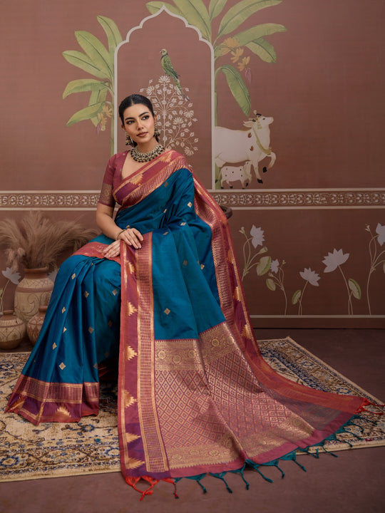 Rama Tussar Silk Handloom Weaving Saree With Blouse Piece