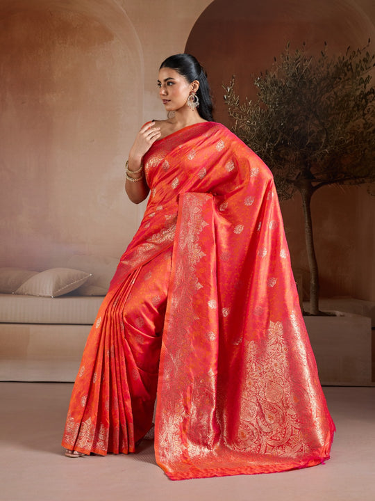 Orange Handloom Weaving Silk Saree With Blouse Piece