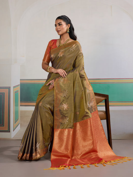 Dark-Grey Tussar Silk Handloom Weaving Saree With Blouse Piece