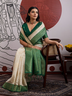 Green Handloom Weaving Paper Silk Saree With Blouse Piece