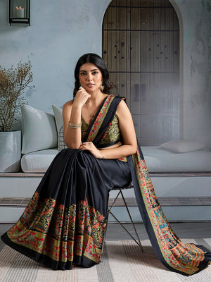 Black Printed Ajarakh Satin Crepe Saree With Blouse Piece