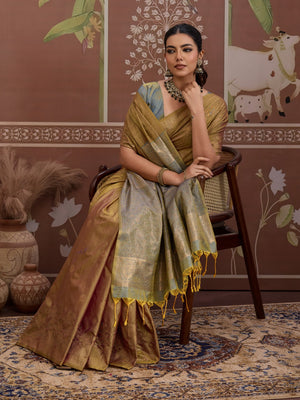 Dark-Grey Tussar Silk Handloom Weaving Saree With Blouse Piece