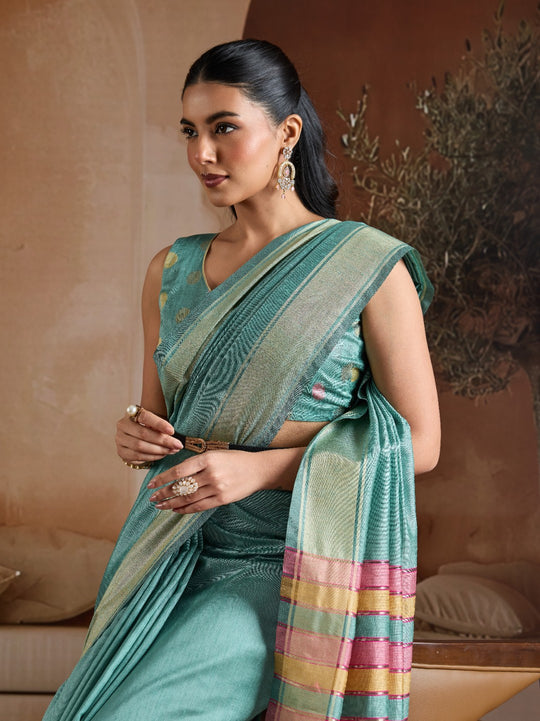 Blue Handwoven Bhagalpuri Weaving With Multi Pallu & Blouse Saree With Blouse Piece