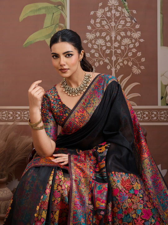 Black Modal Cotton Pashmina Weaving Saree With Blouse Piece