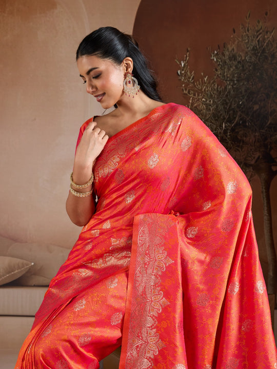 Orange Handloom Weaving Silk Saree With Blouse Piece