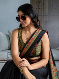 Black Printed Ajarakh Satin Crepe Saree With Blouse Piece