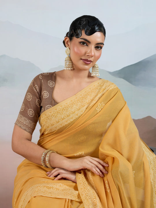 Gold Pure Viscose Cotton Handloom Weaving Saree With Blouse Piece
