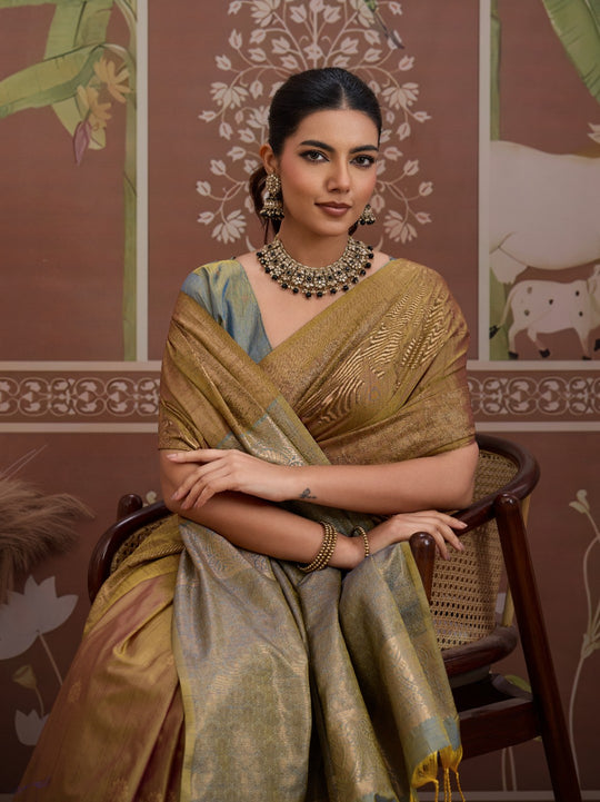 Dark-Grey Tussar Silk Handloom Weaving Saree With Blouse Piece