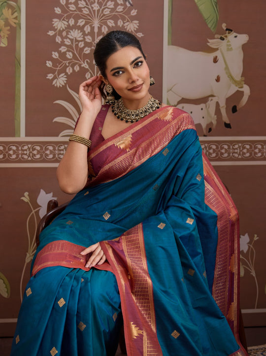Rama Tussar Silk Handloom Weaving Saree With Blouse Piece