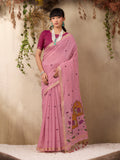 Pink Munga Cotton Handloom Weaving Saree With Blouse Piece