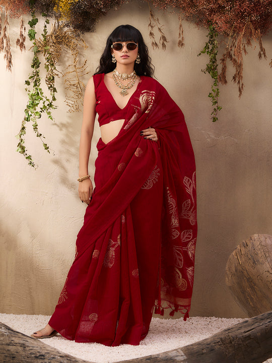 Red Pure Munga Silk Handloom Weaving Saree With Blouse Piece