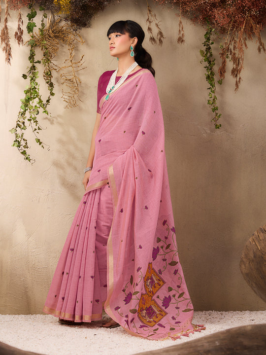 Pink Munga Cotton Handloom Weaving Saree With Blouse Piece