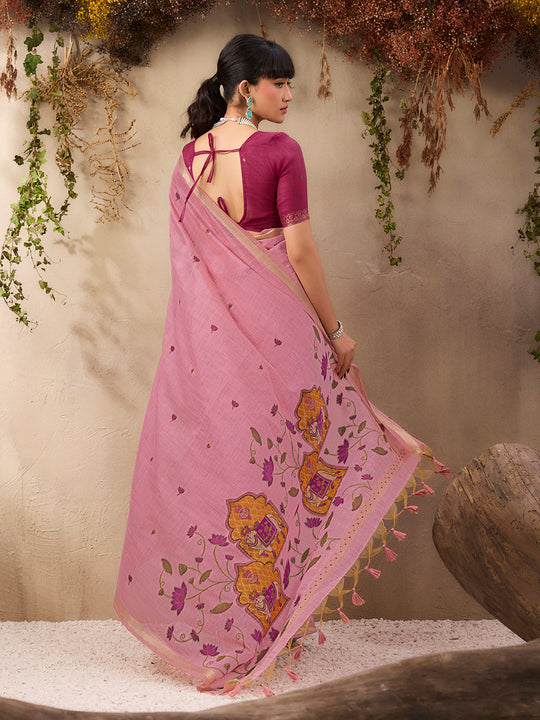Pink Munga Cotton Handloom Weaving Saree With Blouse Piece