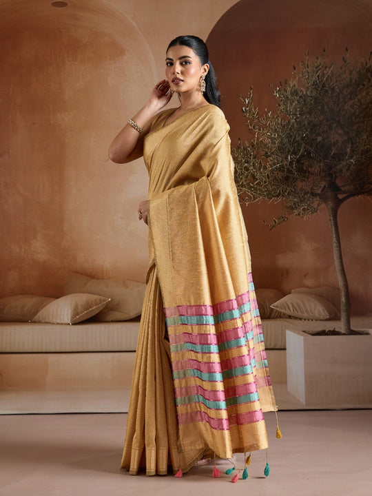 Yellow Handwoven Bhagalpuri Weaving With Multi Pallu & Blouse Saree With Blouse Piece