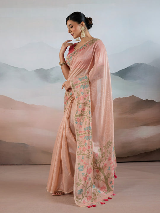 Light-Pink Handloom Zari Tissue - Brasso Weaving Saree With Blouse Piece