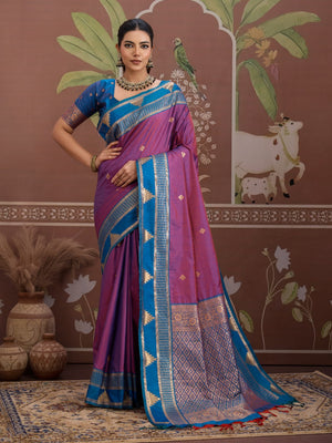 Wine Tussar Silk Handloom Weaving Saree With Blouse Piece