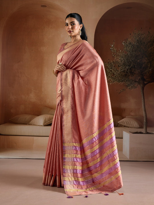 Light-Pink Handwoven Bhagalpuri Weaving With Multi Pallu & Blouse Saree With Blouse Piece