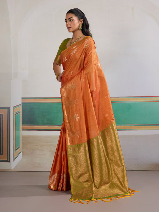 Orange Tussar Silk Handloom Weaving Saree With Blouse Piece