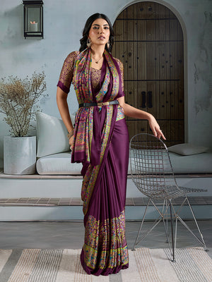 Wine Printed Ajarakh Satin Crepe Saree With Blouse Piece