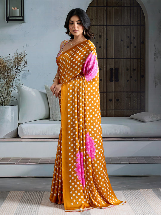 Yellow Printed Ajarakh Satin Crepe Saree With Blouse Piece