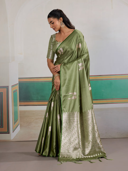 Green Pure Satin Handloom Weaving Saree With Blouse Piece
