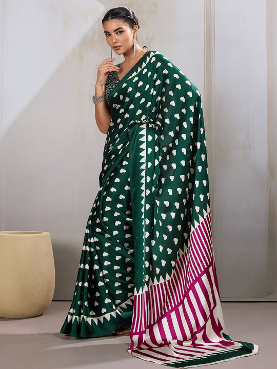 Green Printed Ajarakh Satin Crepe Saree With Blouse Piece