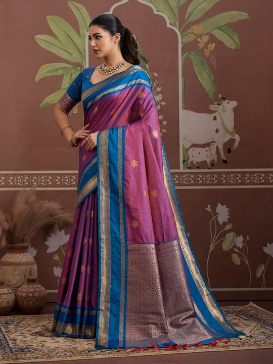 Wine Tussar Silk Handloom Weaving Saree With Blouse Piece